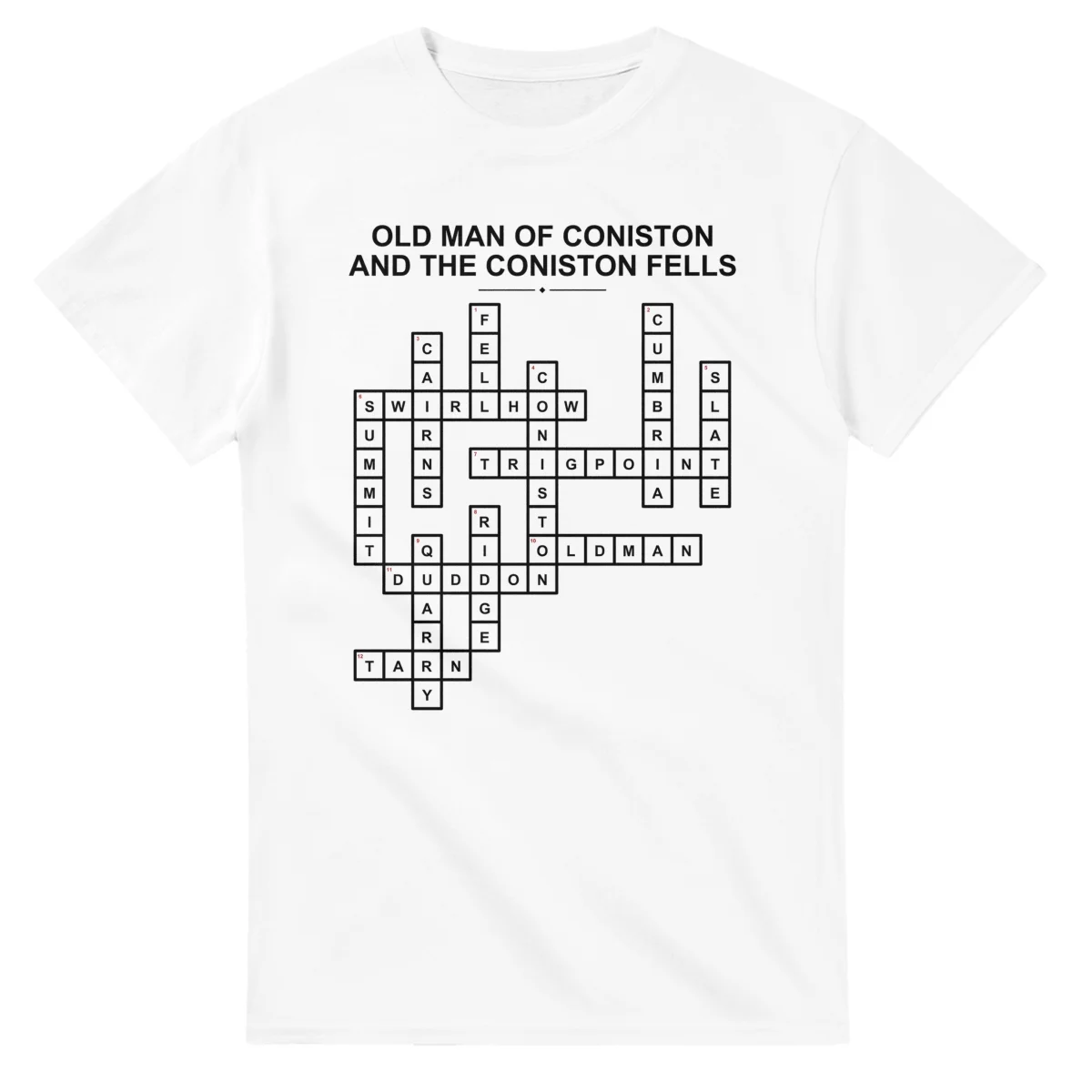 Monochrome crossword sheet for Old Man of Coniston, with a large place-name heading, a letter grid, and numbered across and down clues.