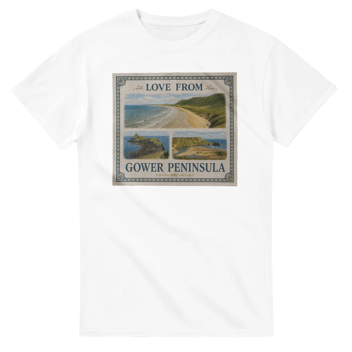 Framed scenic design for Gower Peninsula, with several local views, a decorative border and LOVE FROM lettering.