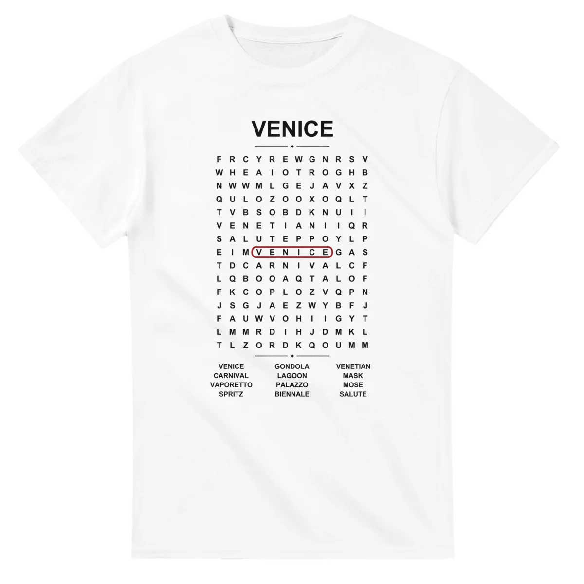 Word-search sheet for Venice, with a large place-name heading, a letter grid, a local answer list, and a red highlighted example word.