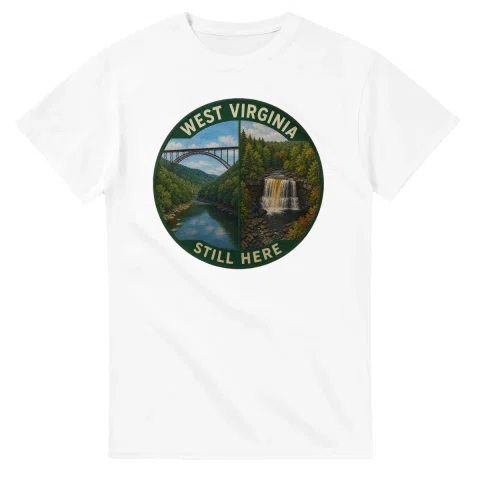 Painted, panelled scenic illustration for West Virginia, with paired local scenes and the place name in lettering.