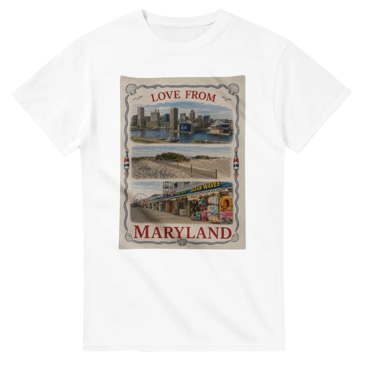 Framed scenic design for Maryland, with several local views, a decorative border and LOVE FROM lettering.
