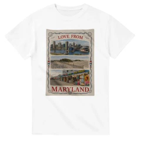 Framed scenic design for Maryland, with several local views, a decorative border and LOVE FROM lettering.
