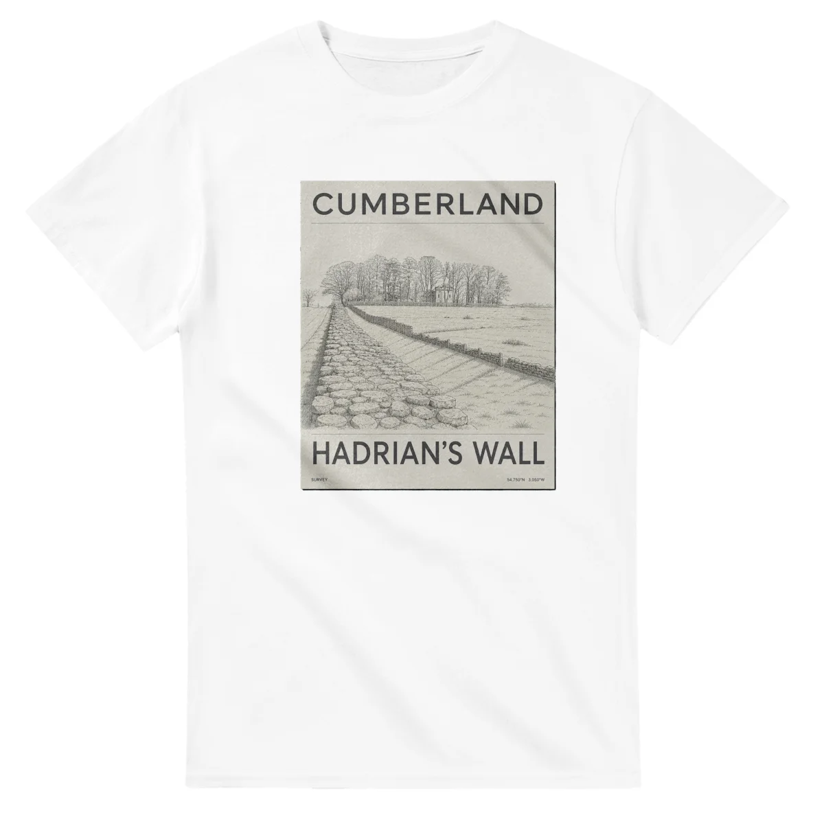 Fine-line engraving-style drawing for Cumberland, with a landmark caption and small coordinate text.
