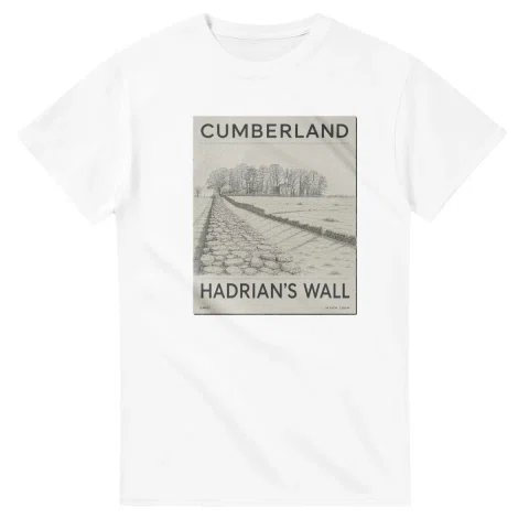 Fine-line engraving-style drawing for Cumberland, with a landmark caption and small coordinate text.