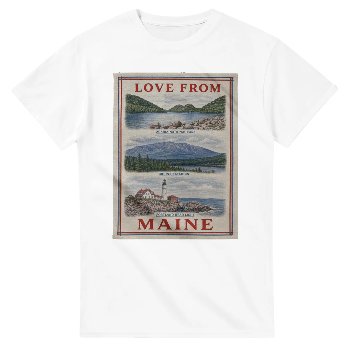 Framed scenic design for Maine, with several local views, a decorative border and LOVE FROM lettering.