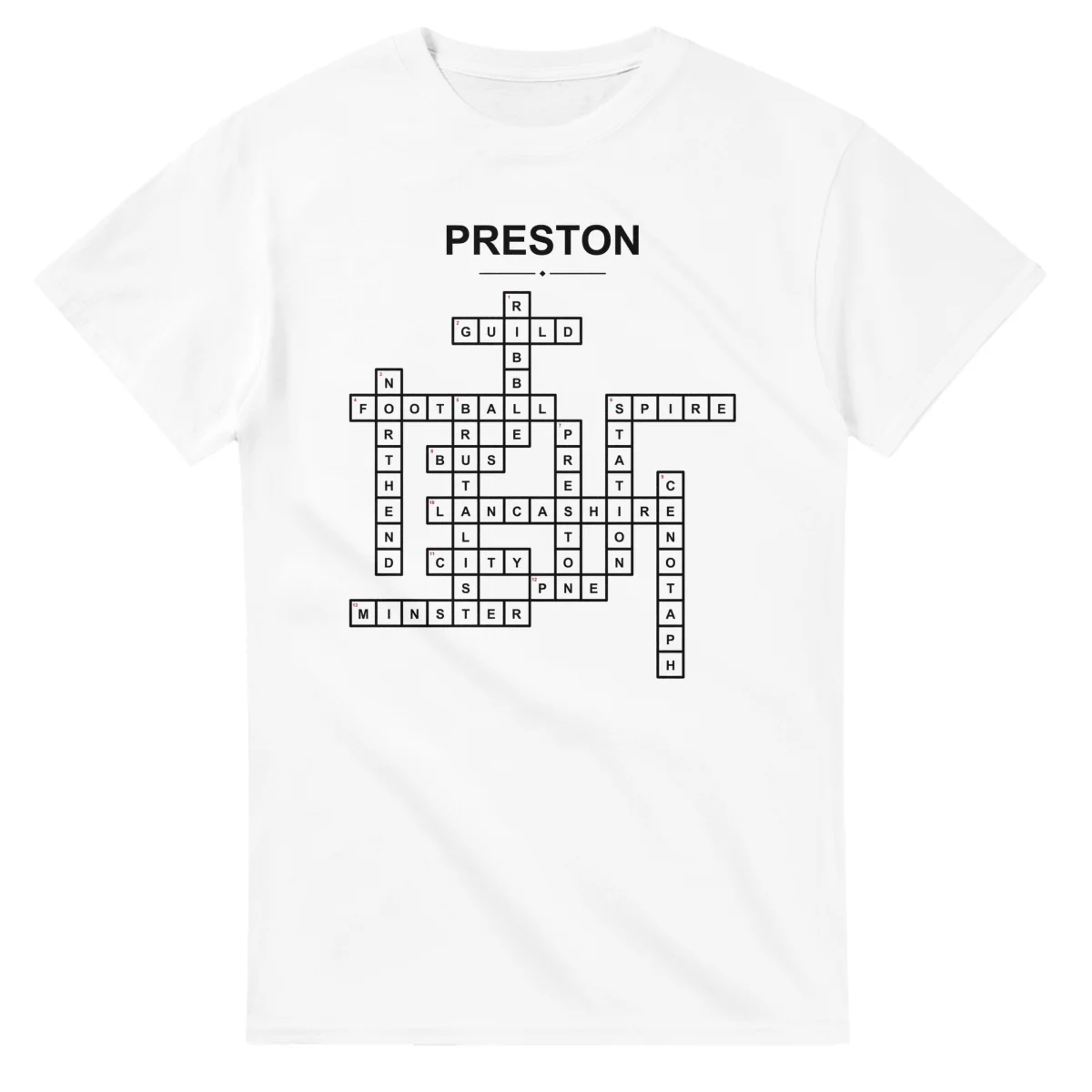 Monochrome crossword sheet for Preston, with a large place-name heading, a letter grid, and numbered across and down clues.