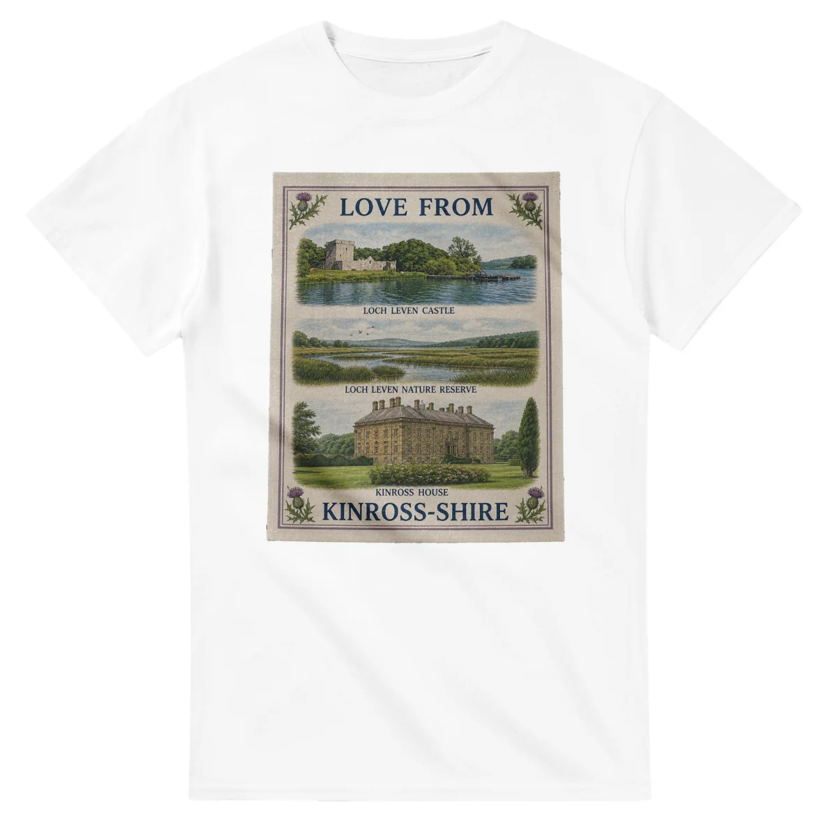Framed scenic design for Kinross-shire, with several local views, a decorative border and LOVE FROM lettering.