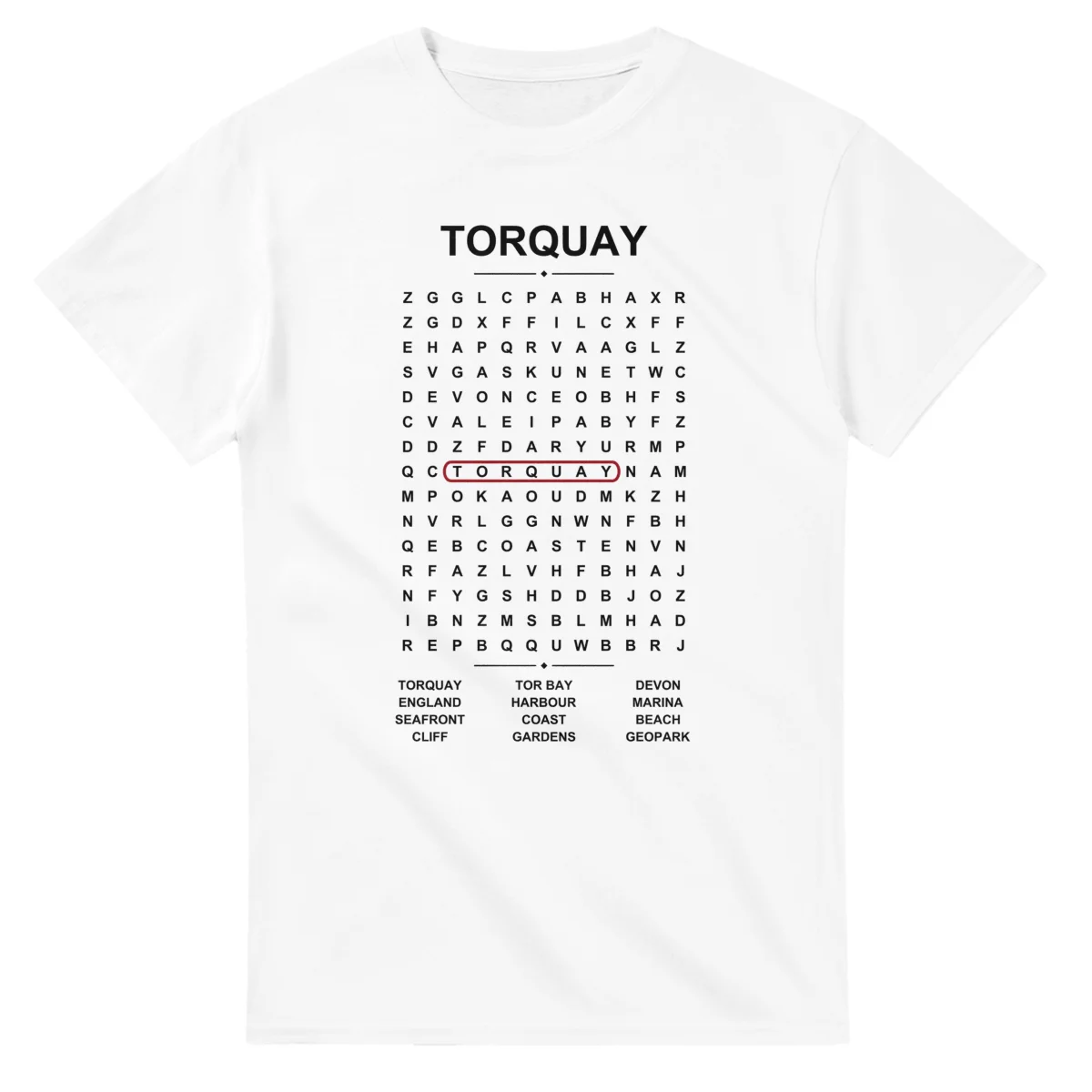 Word-search sheet for Torquay, with a large place-name heading, a letter grid, a local answer list, and a red highlighted example word.