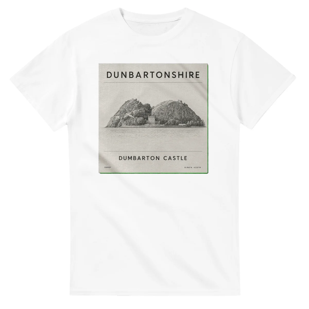 Fine-line scenic drawing for Dunbartonshire and small coordinate text.