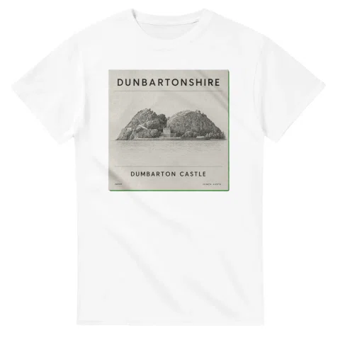 Fine-line scenic drawing for Dunbartonshire and small coordinate text.