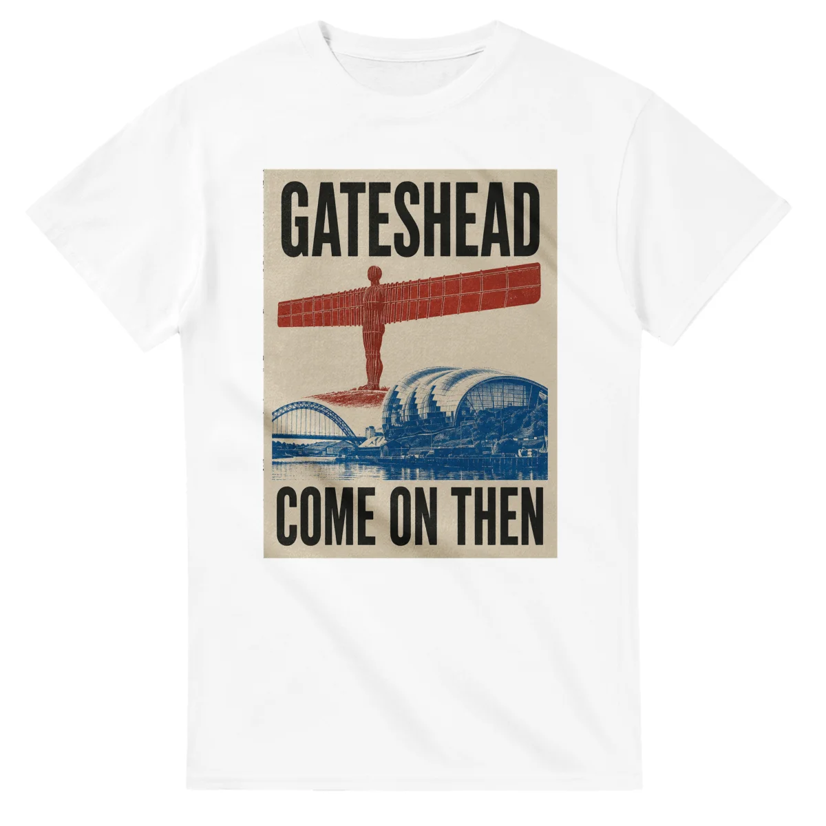 Two-colour scenic illustration for Gateshead, with the place name and COME ON THEN lettering.