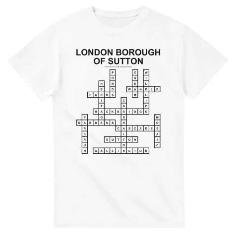 Monochrome crossword sheet for London Borough of Sutton, with a large place-name heading, a letter grid, and numbered across and down clues.