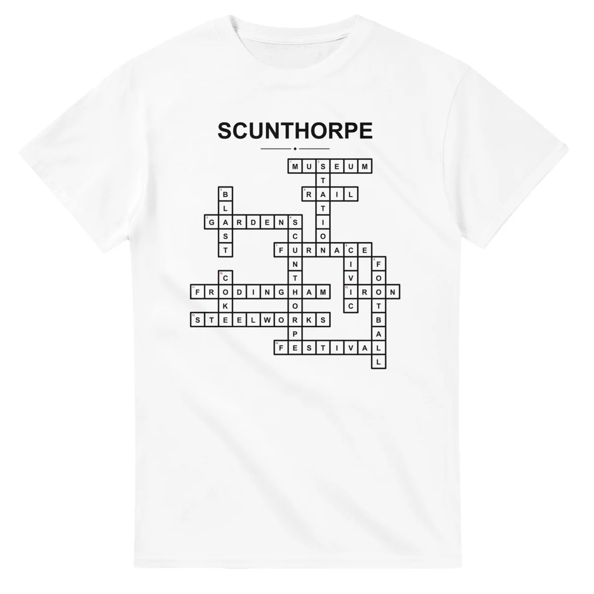 Monochrome crossword sheet for Scunthorpe, with a large place-name heading, a letter grid, and numbered across and down clues.