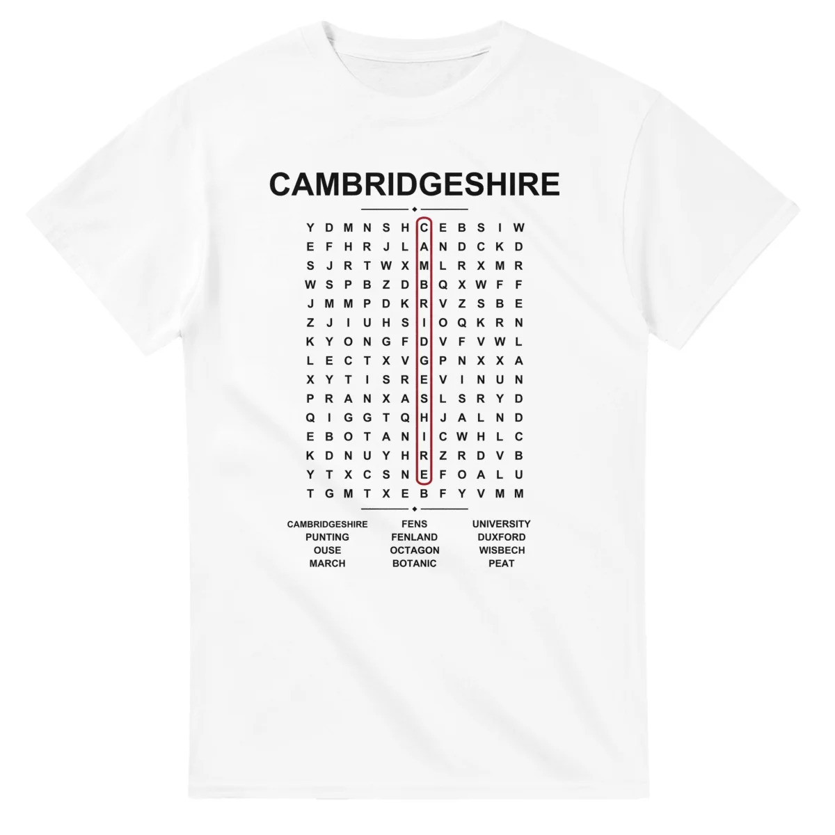 Word-search sheet for Cambridgeshire, with a large place-name heading, a letter grid, a local answer list, and a red highlighted example word.