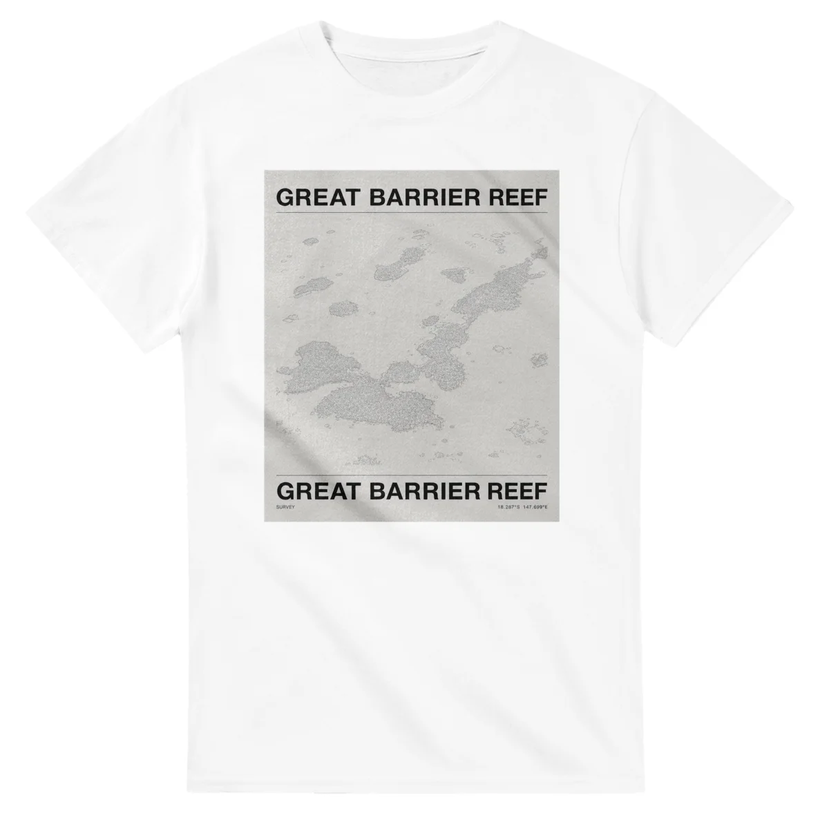 Fine-line engraving-style drawing for Great Barrier Reef, with a landmark caption and small coordinate text.