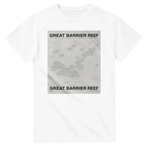 Fine-line engraving-style drawing for Great Barrier Reef, with a landmark caption and small coordinate text.