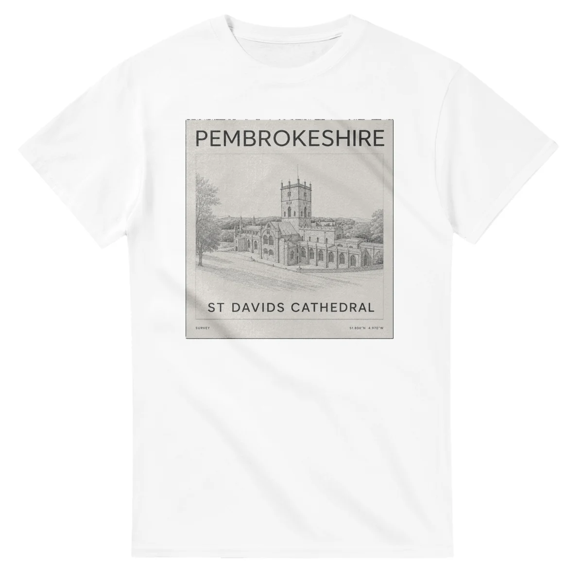 Fine-line engraving-style drawing for Pembrokeshire, with a landmark caption and small coordinate text.