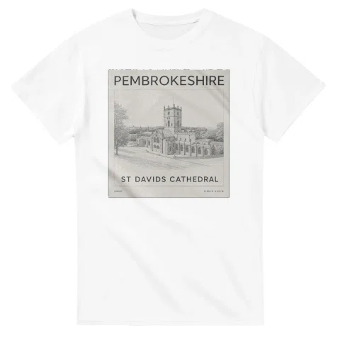 Fine-line engraving-style drawing for Pembrokeshire, with a landmark caption and small coordinate text.