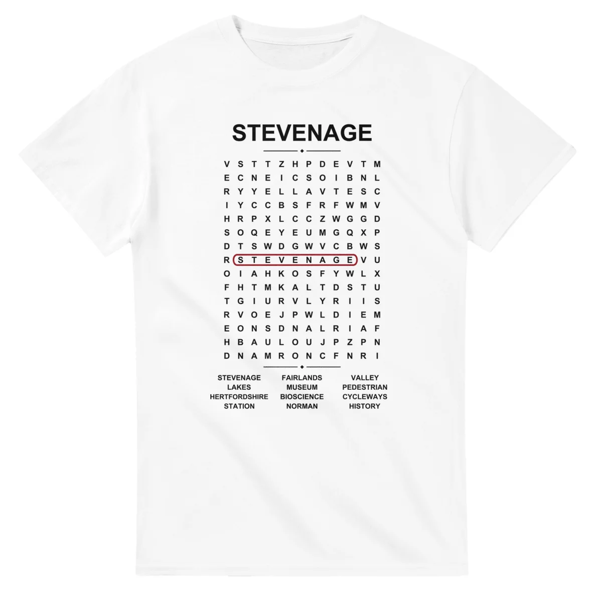 Word-search sheet for Stevenage, with a large place-name heading, a letter grid, a local answer list, and a red highlighted example word.