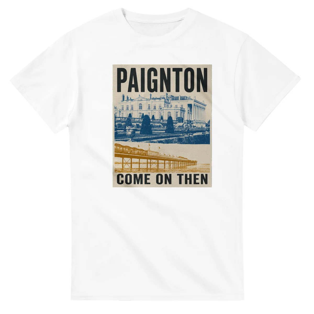 Two-colour scenic illustration for Paignton, with the place name and COME ON THEN lettering.