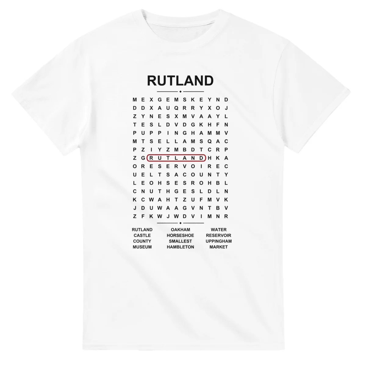 Word-search sheet for Rutland, with a large place-name heading, a letter grid, a local answer list, and a red highlighted example word.
