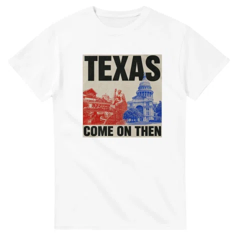 Two-colour scenic illustration for Texas, with the place name and COME ON THEN lettering.
