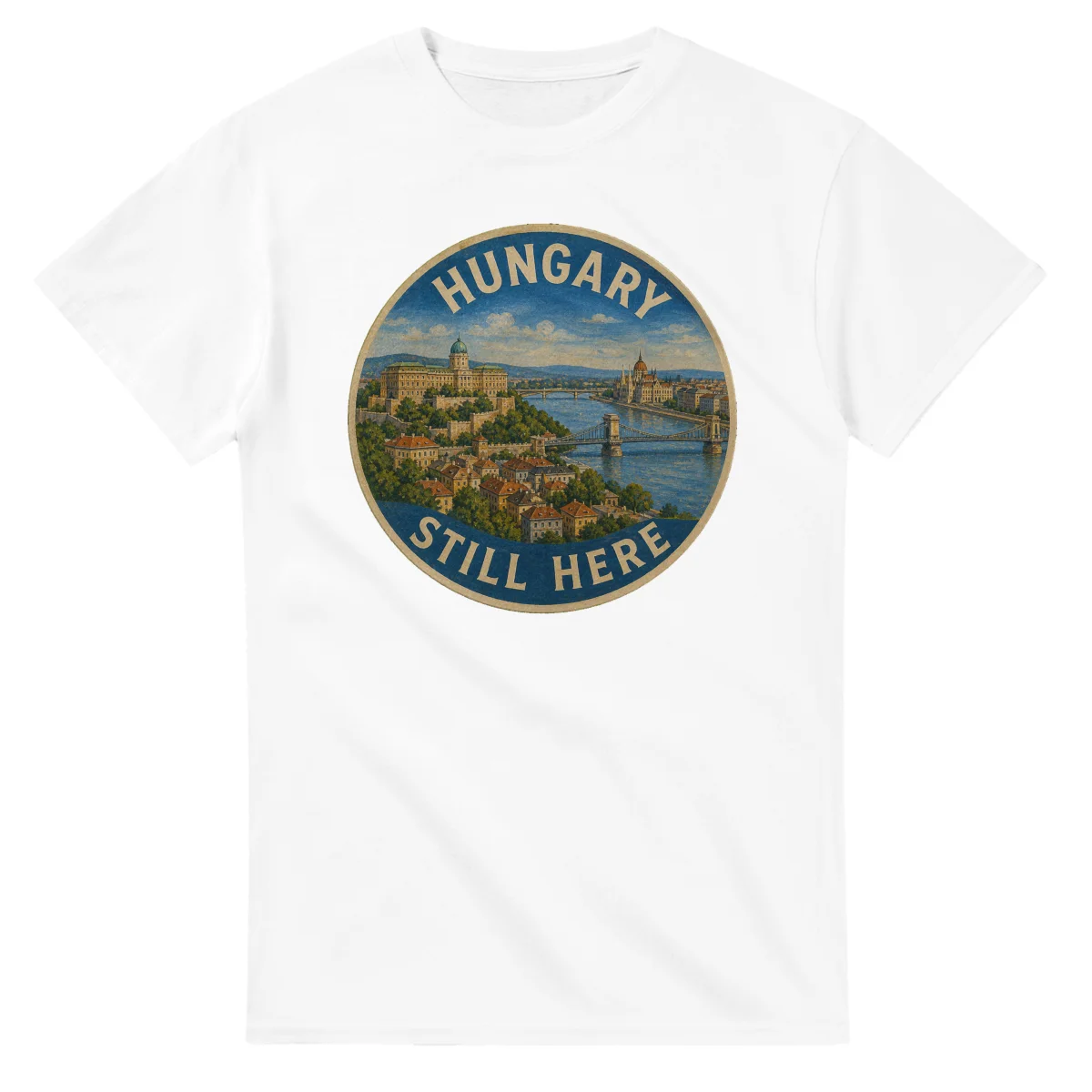 Painted, panelled scenic illustration for Hungary, with paired local scenes and the place name in lettering.