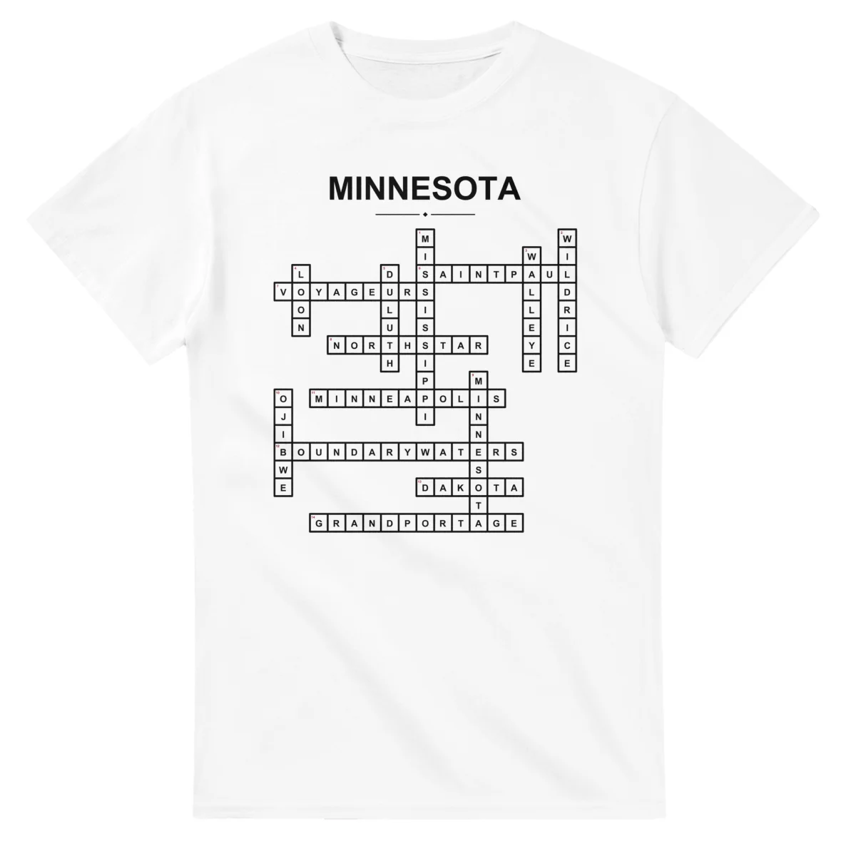 Monochrome crossword sheet for Minnesota, with a large place-name heading, a letter grid, and numbered across and down clues.