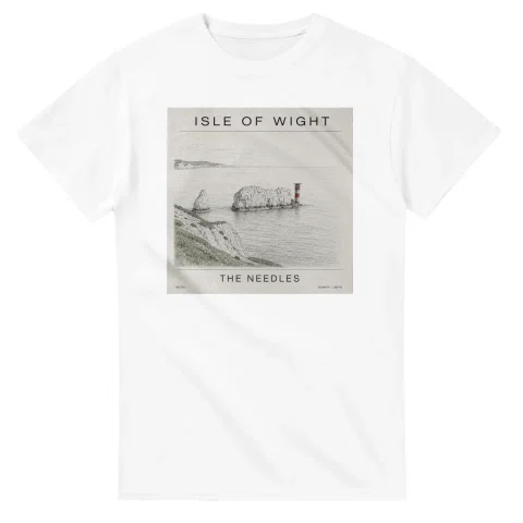 Fine-line engraving-style drawing for Isle of Wight, with a landmark caption and small coordinate text.