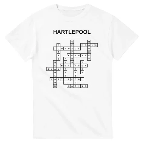 Monochrome crossword sheet for Hartlepool, with a large place-name heading, a letter grid, and numbered across and down clues.
