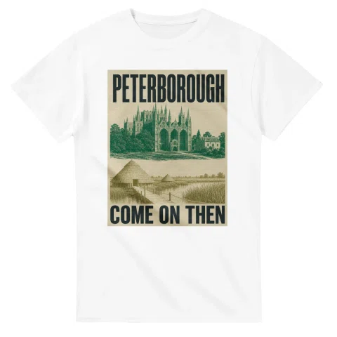 Two-colour scenic illustration for Peterborough, with the place name and COME ON THEN lettering.