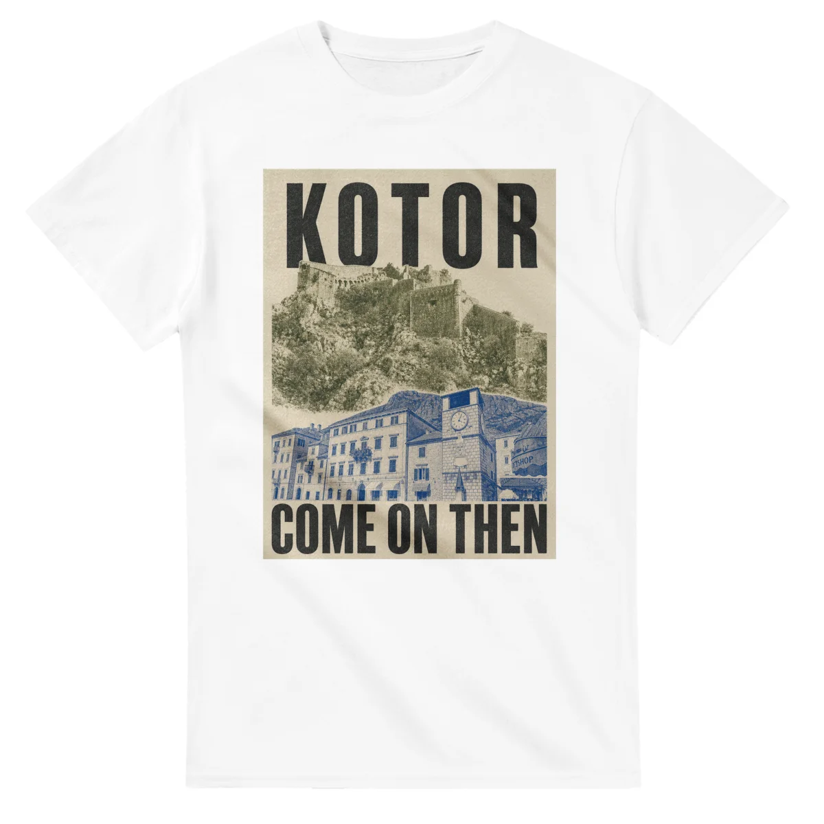 Two-colour scenic illustration for Kotor, with the place name and COME ON THEN lettering.