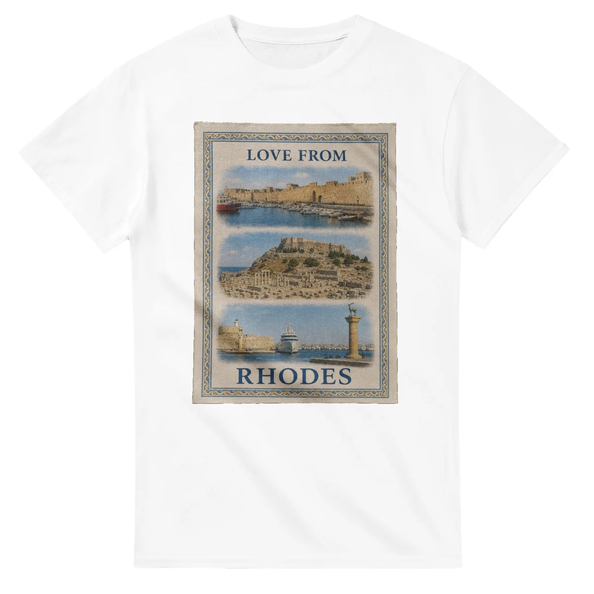 Framed scenic design for Rhodes, with several local views, a decorative border and LOVE FROM lettering.
