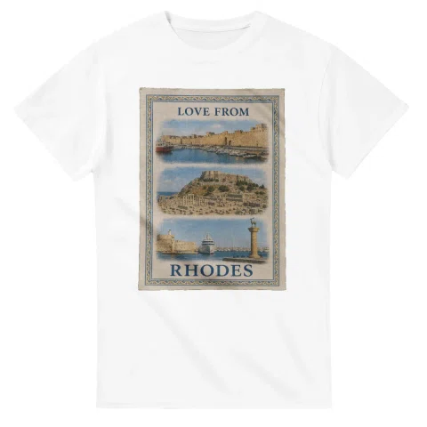 Framed scenic design for Rhodes, with several local views, a decorative border and LOVE FROM lettering.
