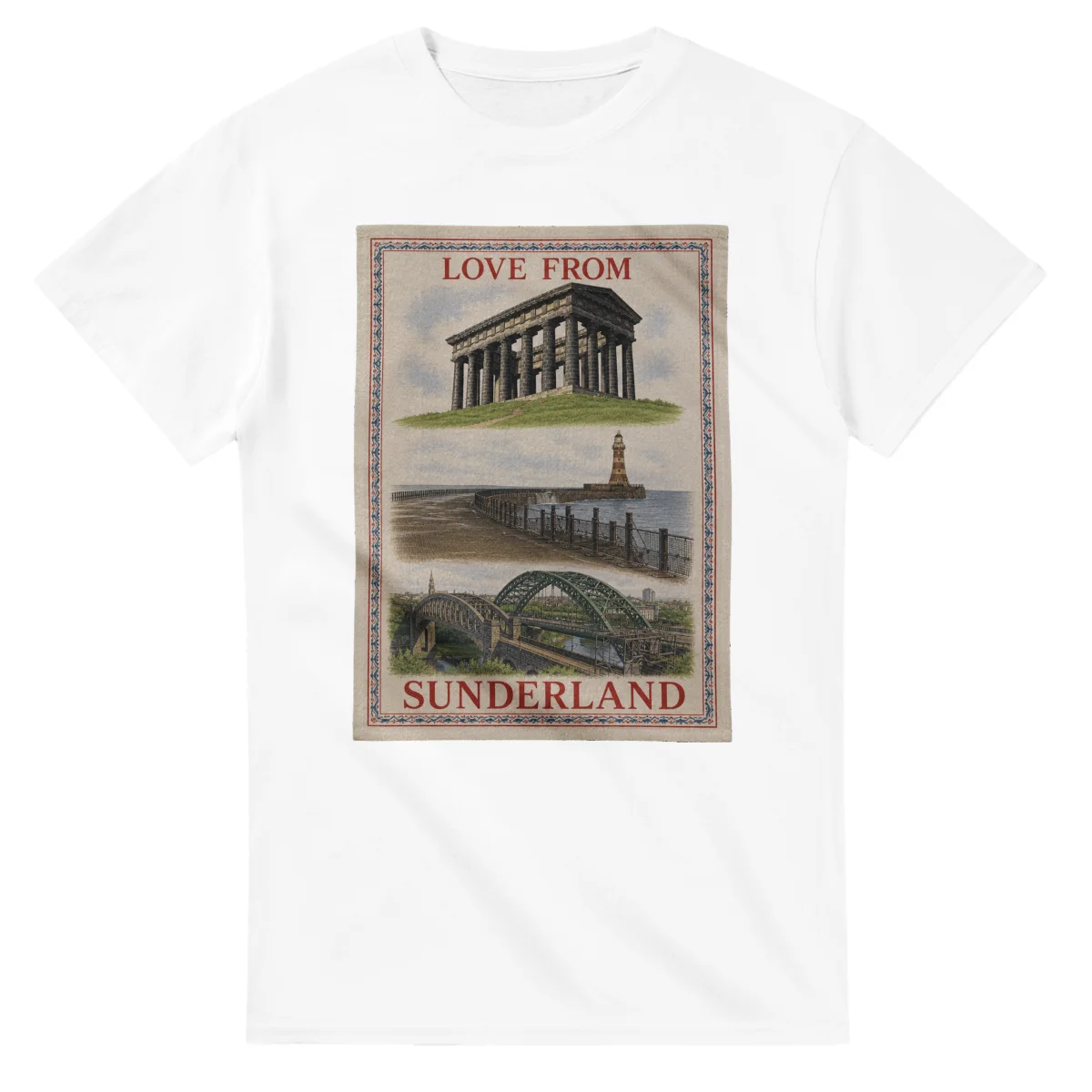 Framed scenic design for Sunderland, with several local views, a decorative border and LOVE FROM lettering.