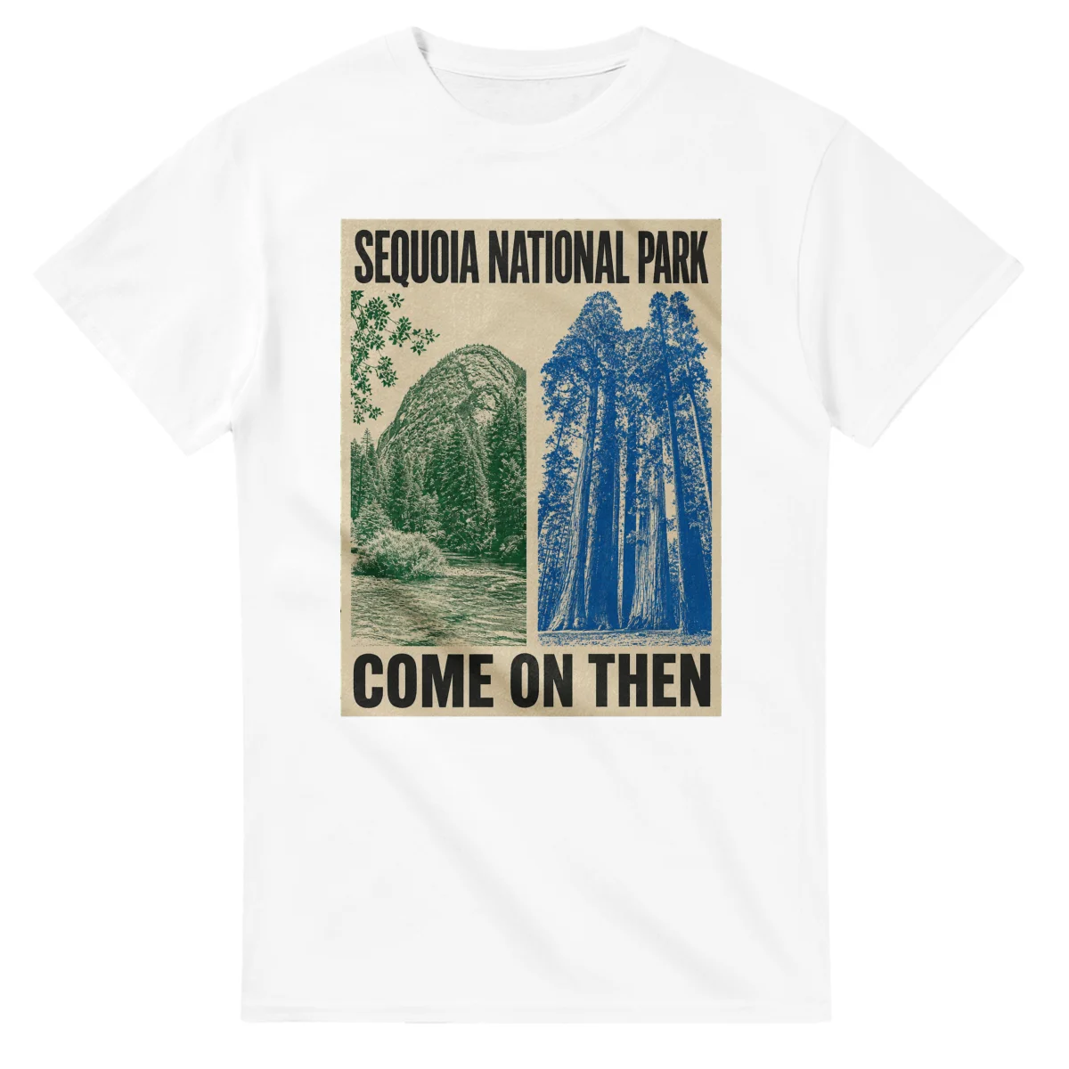 Two-colour scenic illustration for Sequoia National Park, with the place name and COME ON THEN lettering.