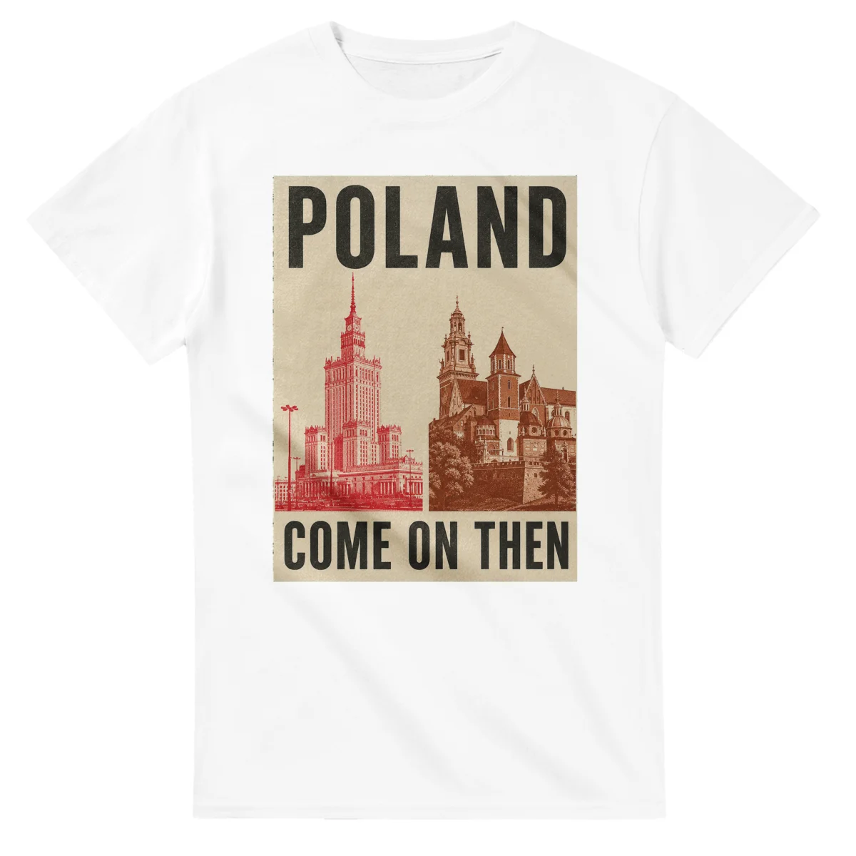 Two-colour scenic illustration for Poland, with the place name and COME ON THEN lettering.