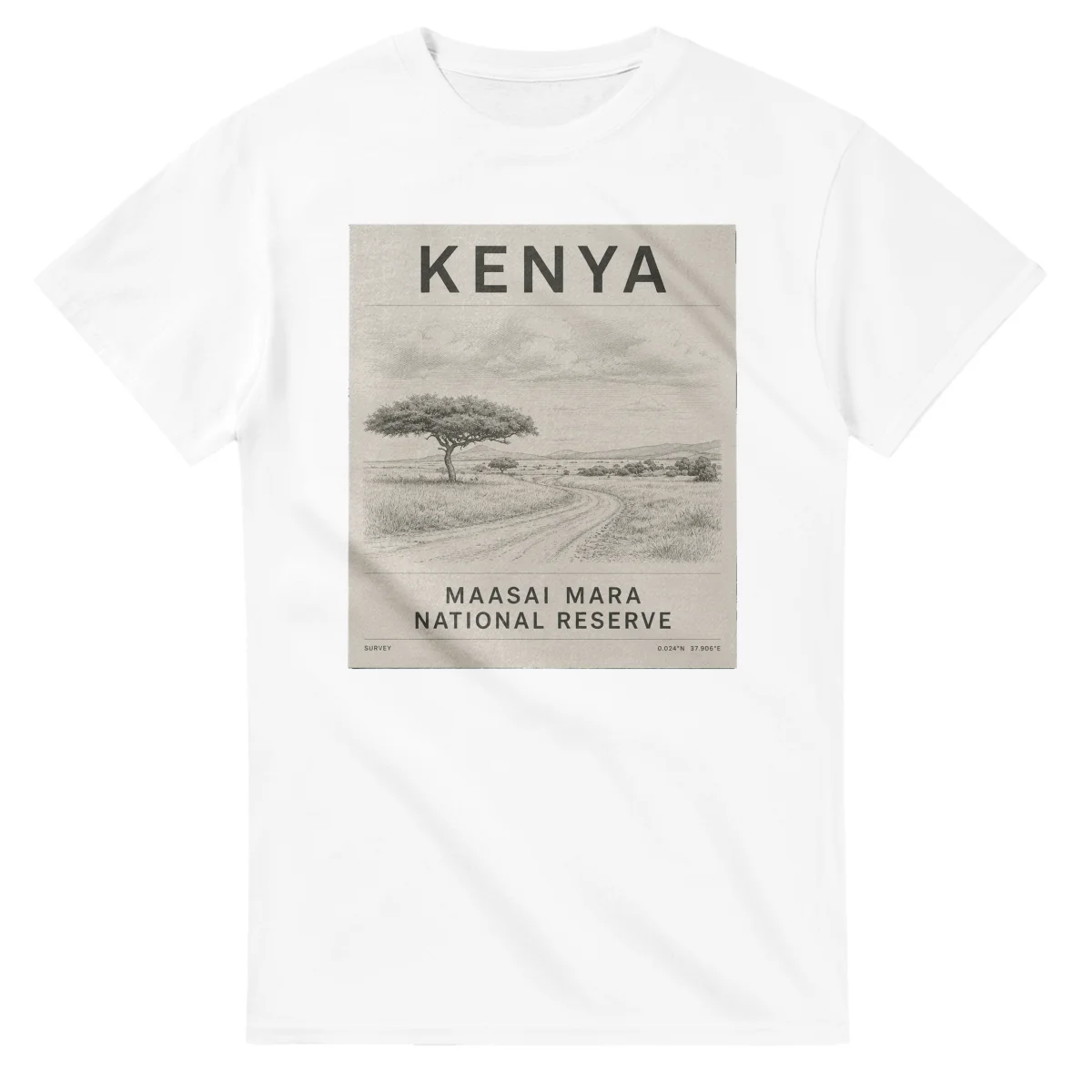 Fine-line engraving-style drawing for Kenya, with a landmark caption and small coordinate text.
