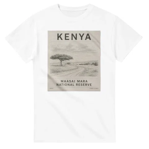 Fine-line engraving-style drawing for Kenya, with a landmark caption and small coordinate text.