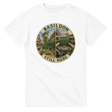 Painted, panelled scenic illustration for Basildon, with paired local scenes and the place name in lettering.