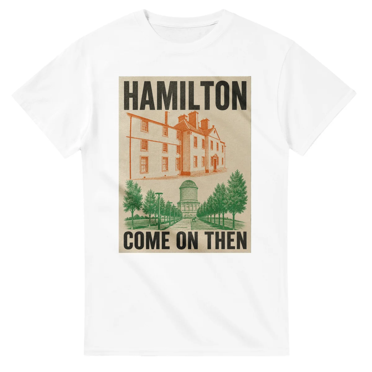 Two-colour scenic illustration for Hamilton, with the place name and COME ON THEN lettering.