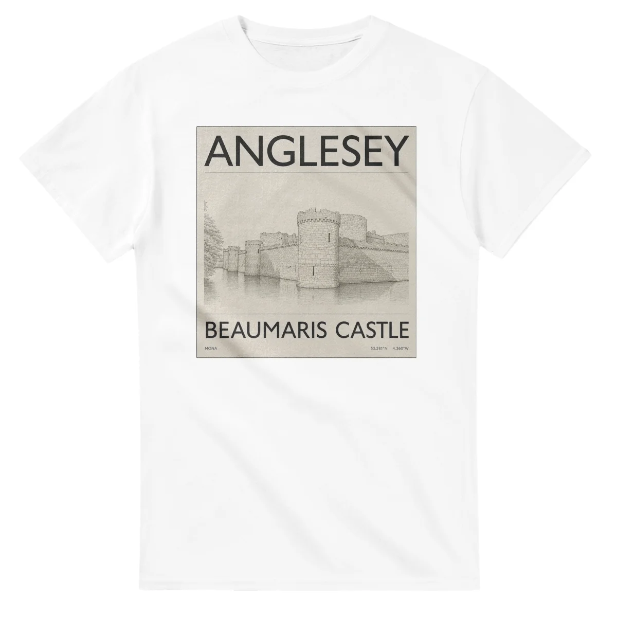Fine-line engraving-style drawing for Anglesey, with a landmark caption and small coordinate text.