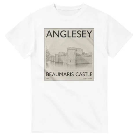 Fine-line engraving-style drawing for Anglesey, with a landmark caption and small coordinate text.
