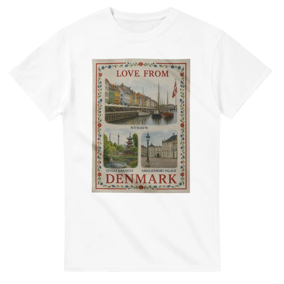 Framed scenic design for Denmark, with several local views, a decorative border and LOVE FROM lettering.