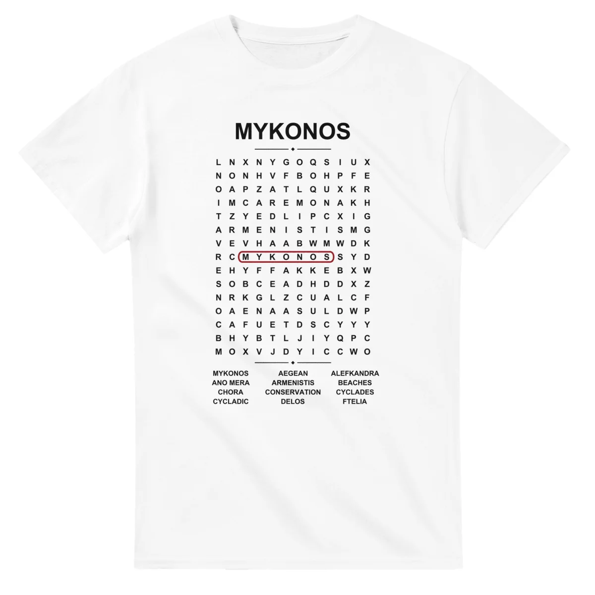 Word-search sheet for Mykonos, with a large place-name heading, a letter grid, a local answer list, and a red highlighted example word.