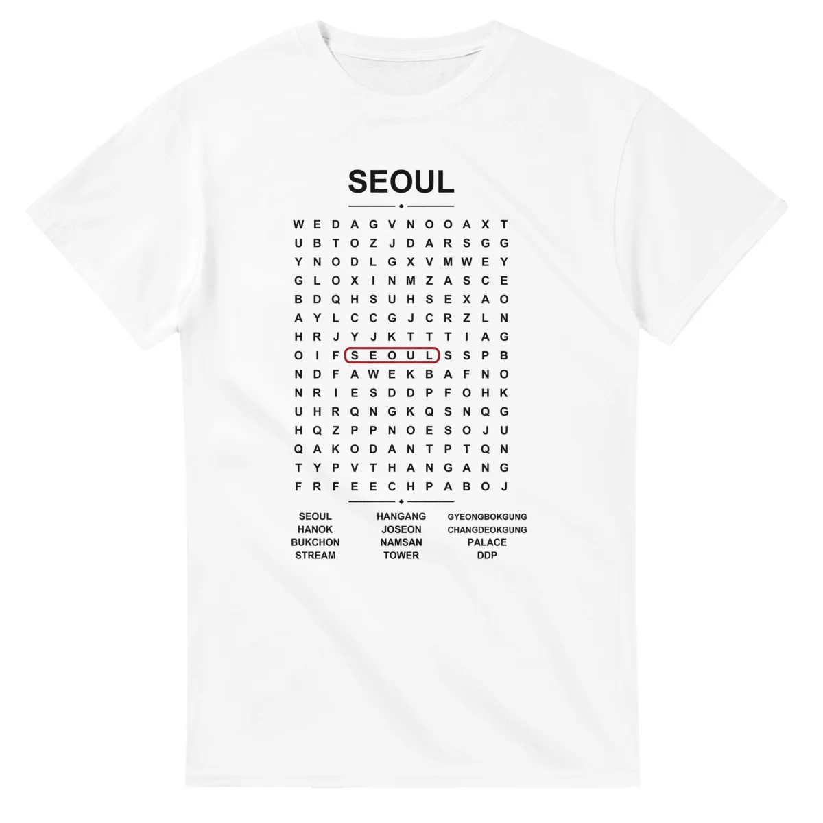Word-search sheet for Seoul, with a large place-name heading, a letter grid, a local answer list, and a red highlighted example word.