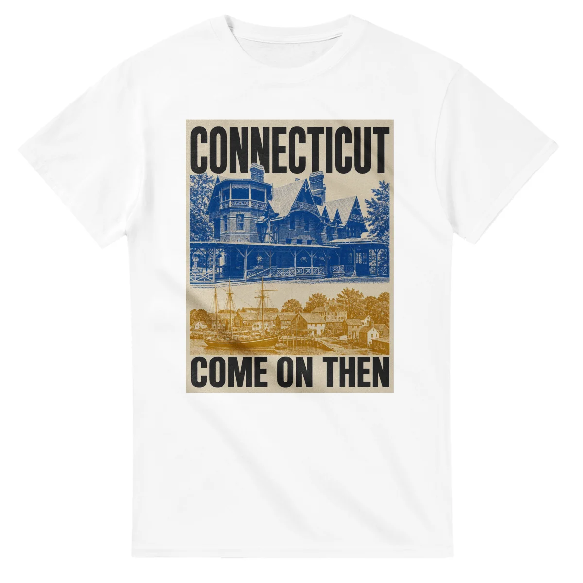 Two-colour scenic illustration for Connecticut, with the place name and COME ON THEN lettering.