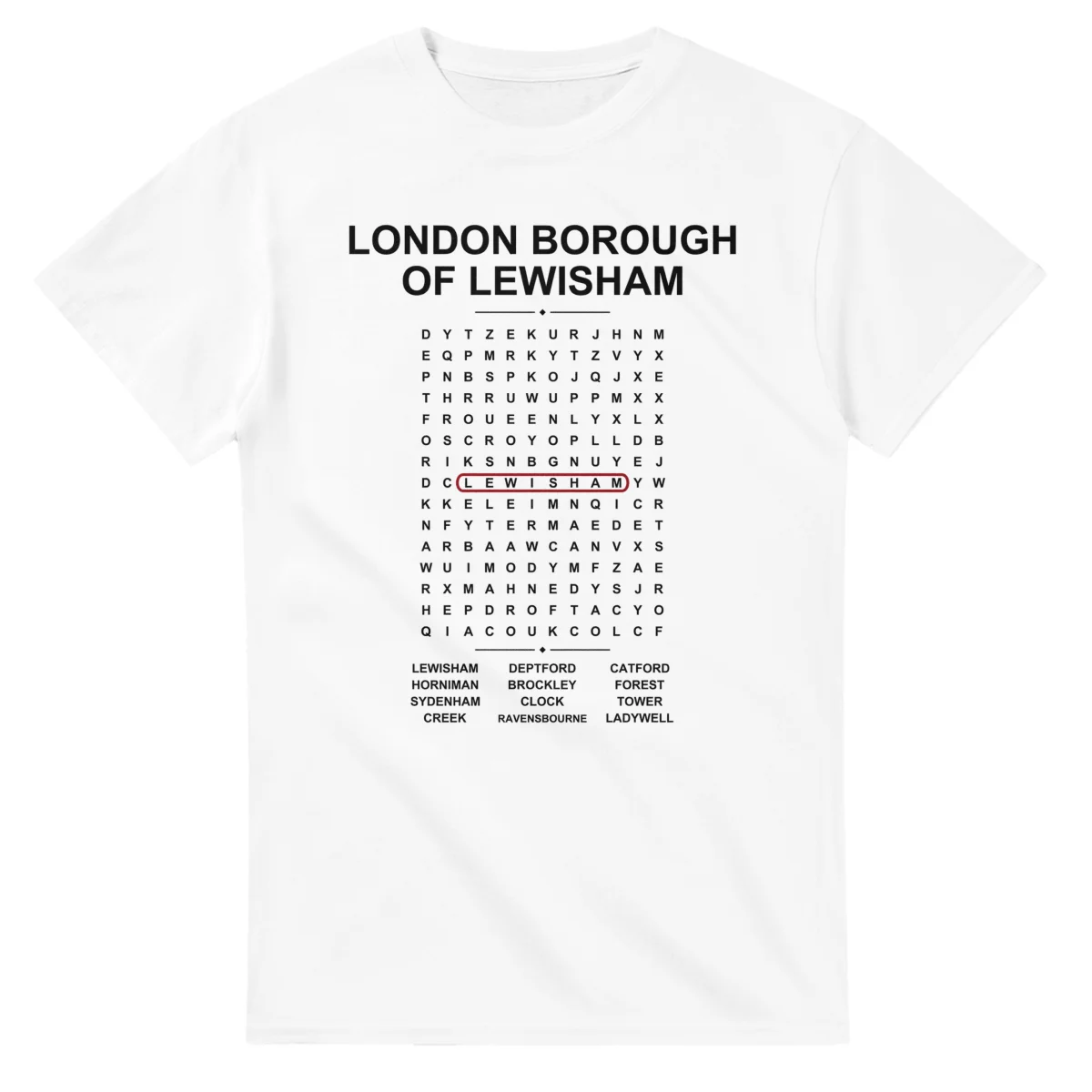 Word-search sheet for London Borough of Lewisham, with a large place-name heading, a letter grid, a local answer list, and a red highlighted example word.