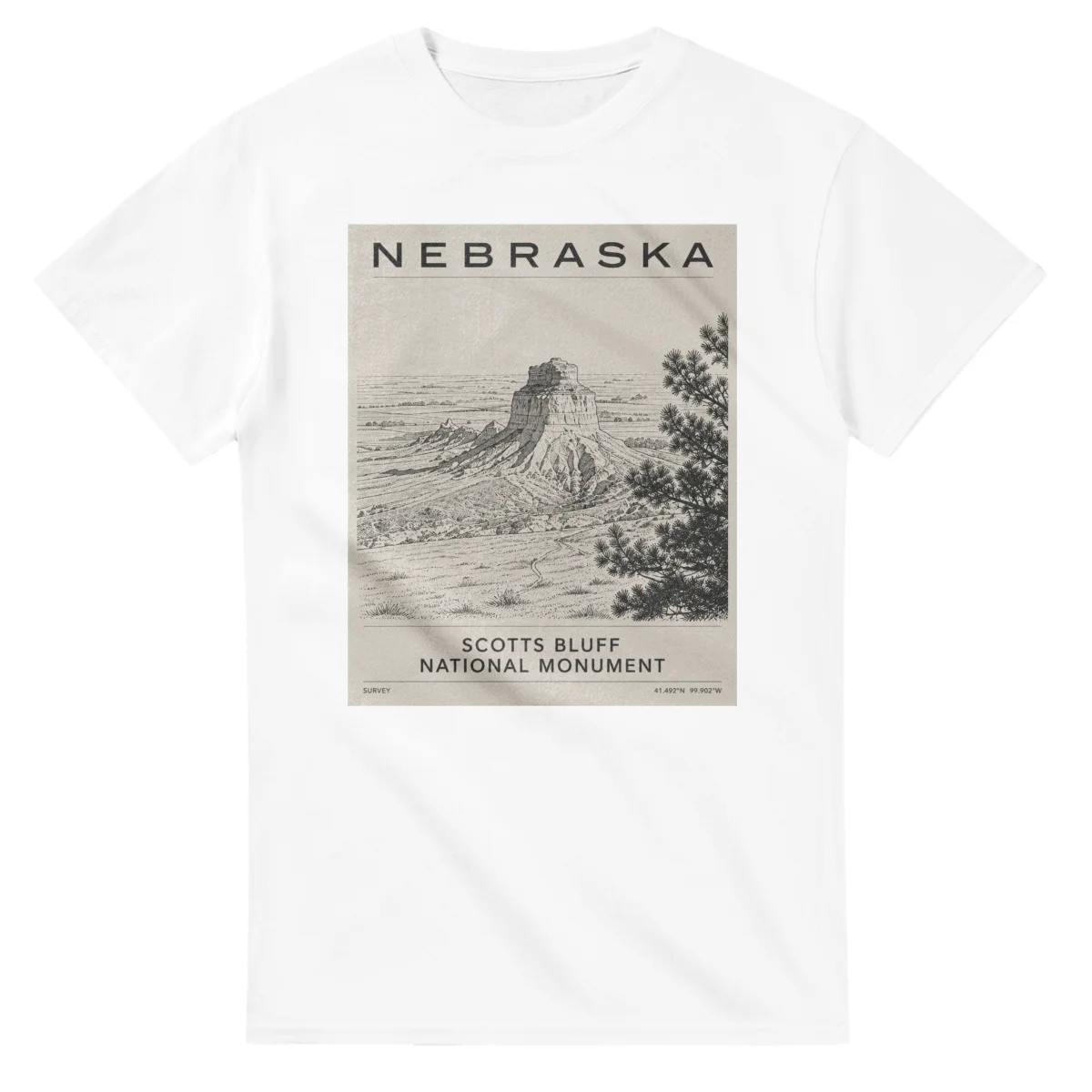 Fine-line engraving-style drawing for Nebraska, with a landmark caption and small coordinate text.