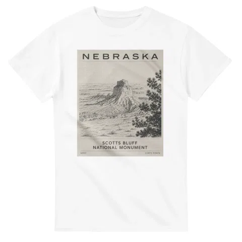 Fine-line engraving-style drawing for Nebraska, with a landmark caption and small coordinate text.